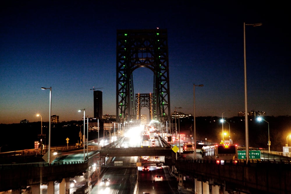 A night scene of the George Washington Bridge.