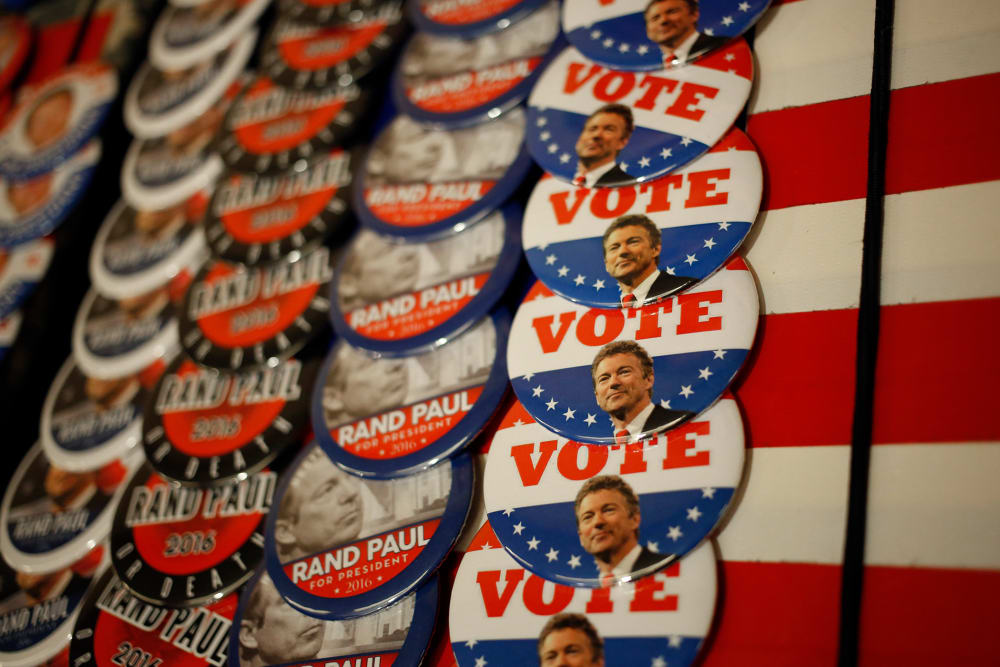 Campaign buttons are displayed for sale outside an event at which Sen. Rand Paul (R-KY) will announce his candidacy for the Republican presidential nomination at the Galt House Hotel on April 7, 2015 in Louisville, Ky. (Photo by Luke Sharrett/Getty)