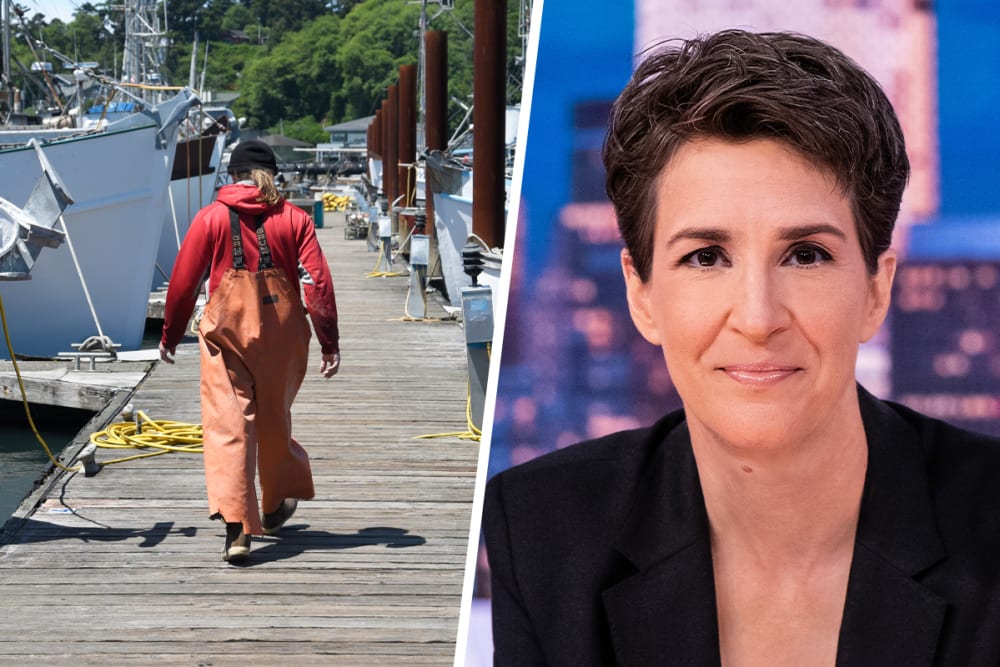 A commercial fisherman walks along the dock in Newport, OR.; Rachel Maddow.