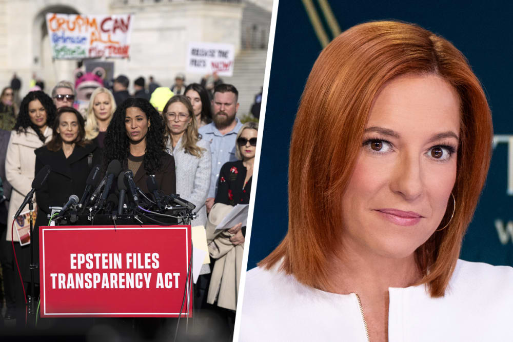 Epstein abuse survivor Lisa Phillips speaks during the press conference; Jen Psaki.