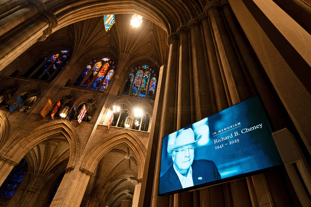 A memoriam sign at the Washington National Cathedral prior to the funeral service of late former US Vice President Dick Cheney.