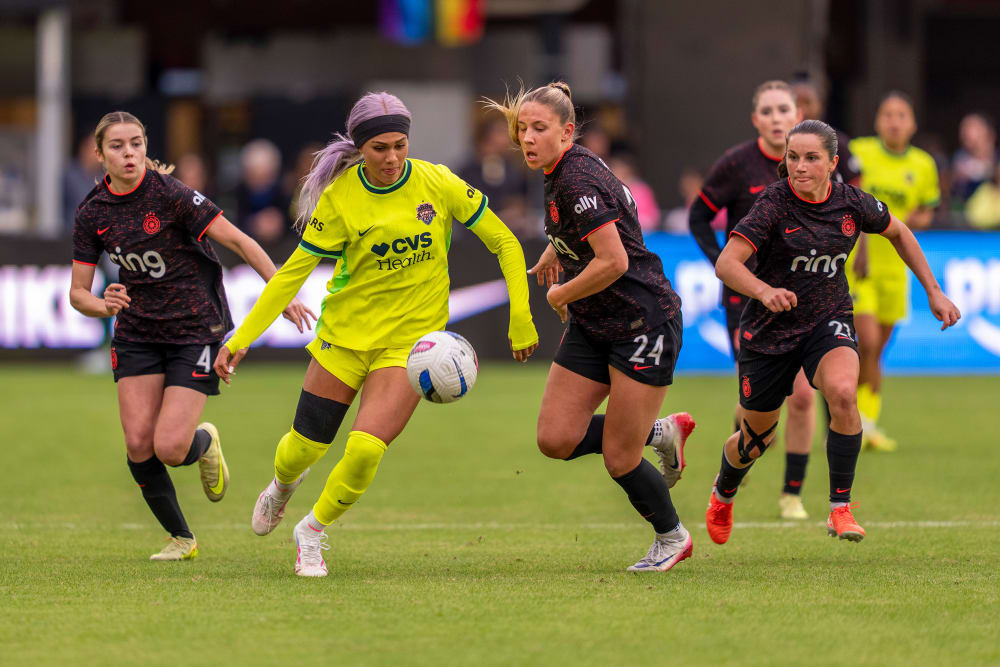 Trinity Rodman, second from left, of the Washington Spirit during a game against Portland Thorns FC in Washington, D.C.