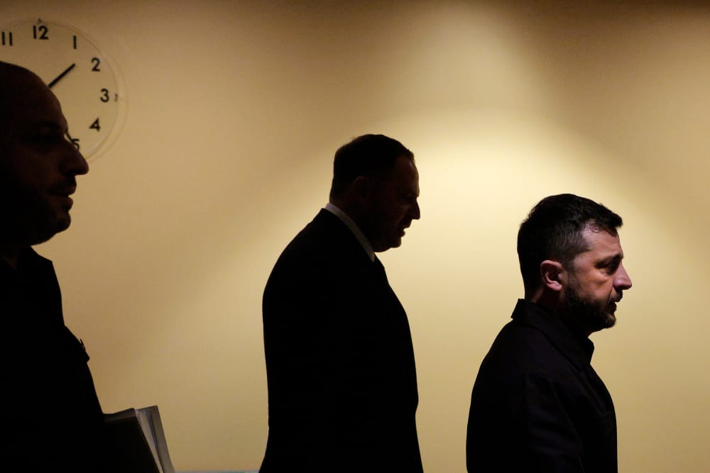 Volodymyr Zelensky walks to a bilateral meeting with Donald Trump at the United Nations General Assembly in New York City.