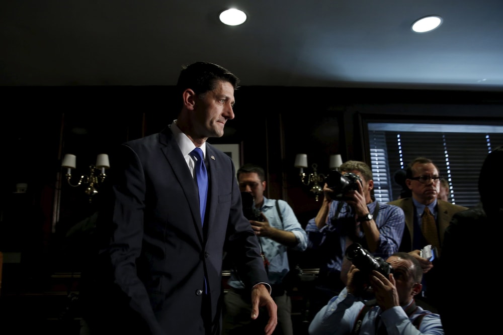 U.S. House Speaker Paul Ryan leaves after making a statement to the media on Capitol Hill in Washington, D.C., ruling himself out as a potential 2016 presidential candidate April 12, 2016. (Photo by Yuri Gripas/Reuters)