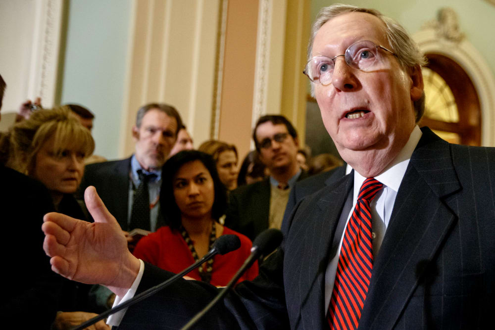 Senate Majority Leader Mitch McConnell (R-KY) meets with reporters on Capitol Hill in Washington on Feb. 24, 2015.