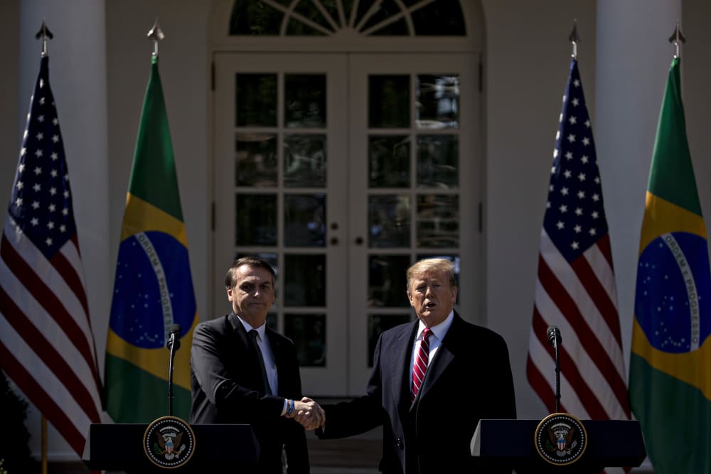 Donald Trump and Jair Bolsonaro during a news conference at the White House.