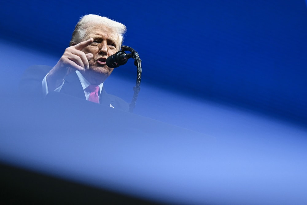 US President Donald Trump delivering remarks.