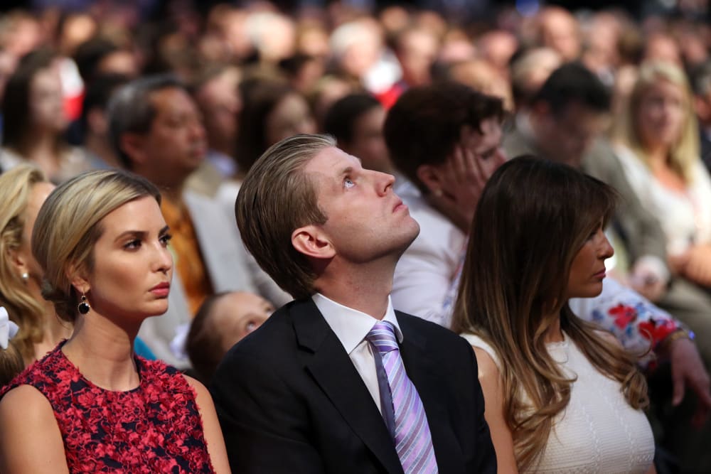 Donald Trump's daughter Ivanka Trump, son Eric Trump and wife Melania Knauss watch the first Republican presidential debate at the Quicken Loans Arena, Aug. 6, 2015, in Cleveland. (Photo by Andrew Harnik/AP)