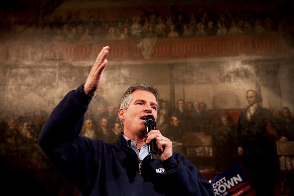 Former Massachusetts Senator Scott Brown speaks to the crowd during a rally at Faneuil Hall in Boston, Massachusetts on November 4, 2012.