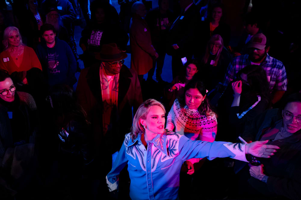 Democrat Aftyn Behn interacts with supporters after delivering her concession speech at an election-night watch party at Marathon Music Works on Dec. 2, 2025 in Nashville, TN.