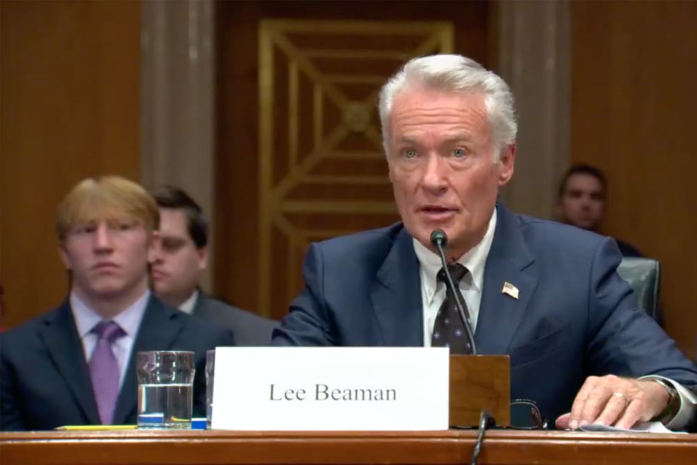 A screengrab of Lee Beaman as he speaks during a hearing on his nomination to be a member of the board of directors of the Tennessee Valley Authority.