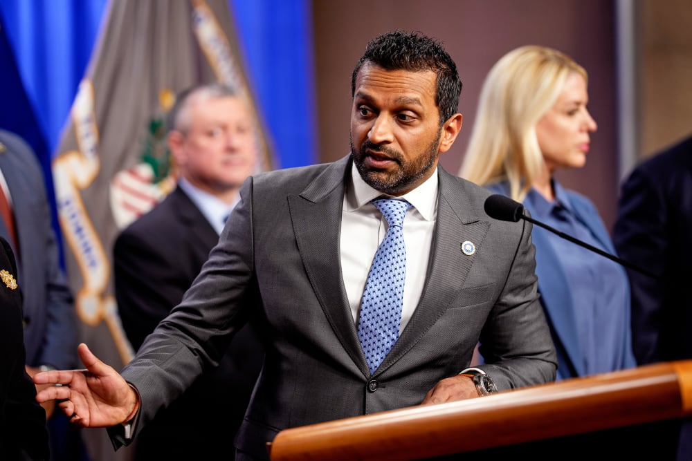 FBI Director Kash Patel speaks at a news conference on an arrest of a suspect in the Jan. 6th pipe bomb case on Dec. 4, 2025 at the Department of Justice.