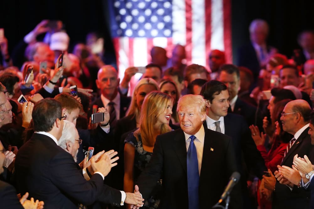 Republican presidential frontrunner Donald Trump speaks to supporters and the media at Trump Tower in Manhattan following his victory in the Indiana primary on May 3, 2016 in New York, N.Y. (Photo by Spencer Platt/Getty)