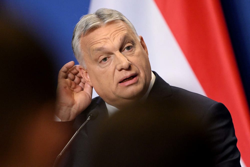 Hungarian Prime Minister Viktor Orban gives his first international press conference after his FIDESZ party won the parliamentary election in the Karmelita monastery housing the prime minister's office in Budapest on April 6.