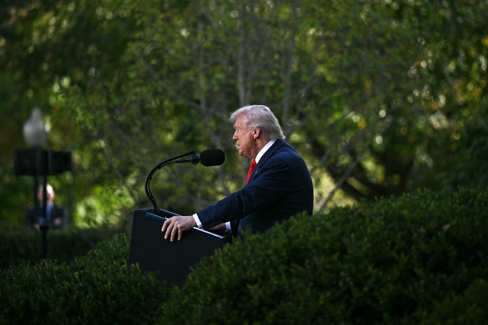 US President Donald Trump on Oct. 14, 2025 in the Rose Garden of the White House.
