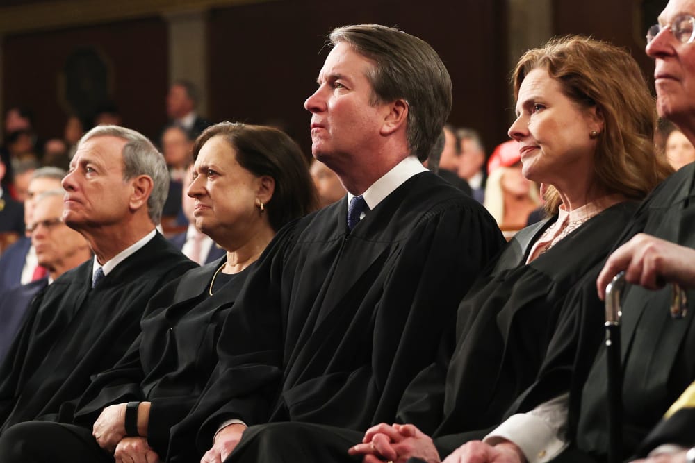 (L-R) Chief Justice of the Supreme Court John Roberts, Justice Elena Kagan, Justice Brett Kavanaugh, Justice Amy Coney Barrett, and retired Justice Anthony Kennedy.