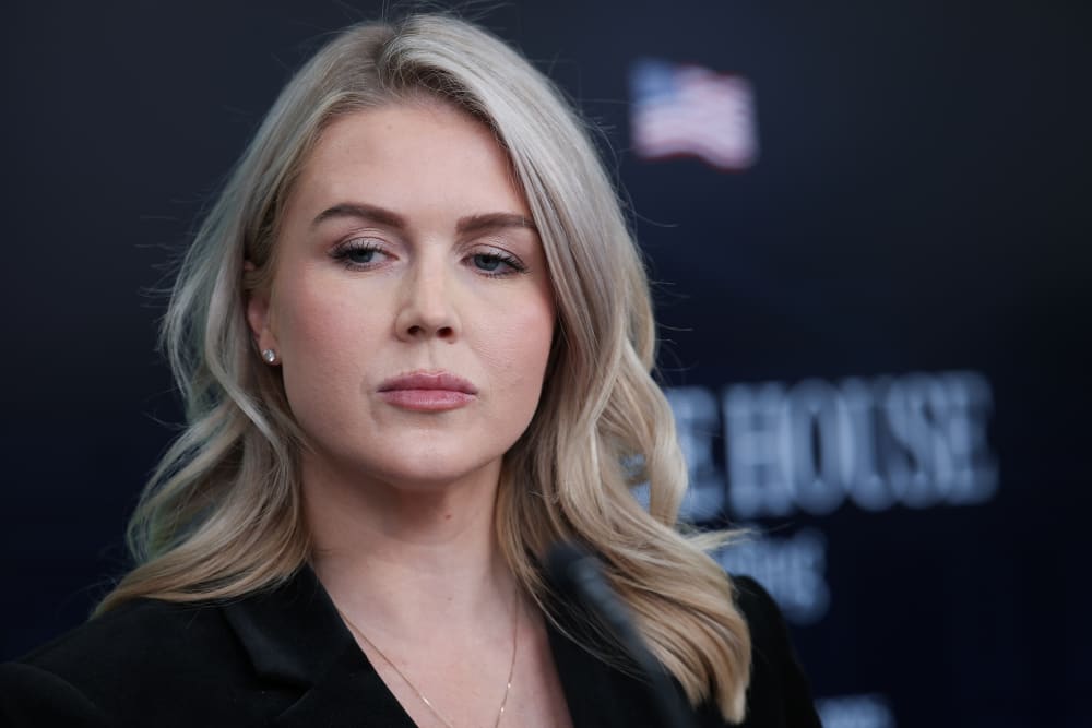 White House Press Secretary Karoline Leavitt listens to a reporter's question during a White House press briefing