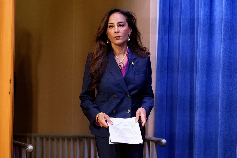 Assistant Attorney General for Civil Rights Harmeet Dhillon arrives for a news conference at the Justice Department on Sept 29, 2025 in Washington, D.C.