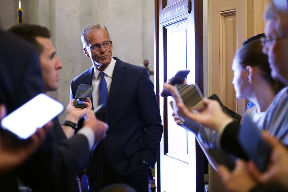 Senate Majority Leader John Thune speaks to members of the press on June 2, 2025 in Washington, D.C.
