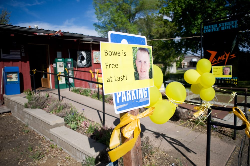 Signs of support with images of U.S. Army Sergeant Bowe Bergdahl are displayed in Hailey, Idaho, May 31, 2014.