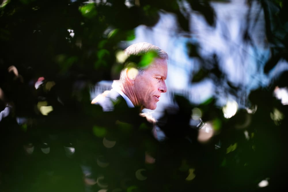 Senate Majority Leader John Thune, R-S.D., conducts a news conference