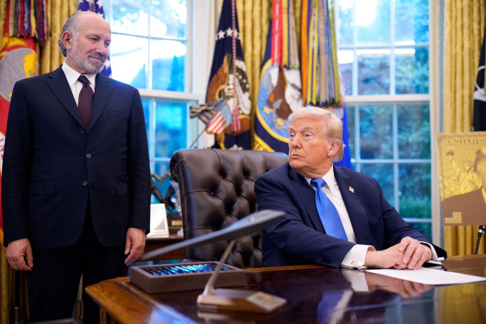 U.S. President Donald Trump, accompanied by U.S. Commerce Secretary Howard Lutnick signing executive order