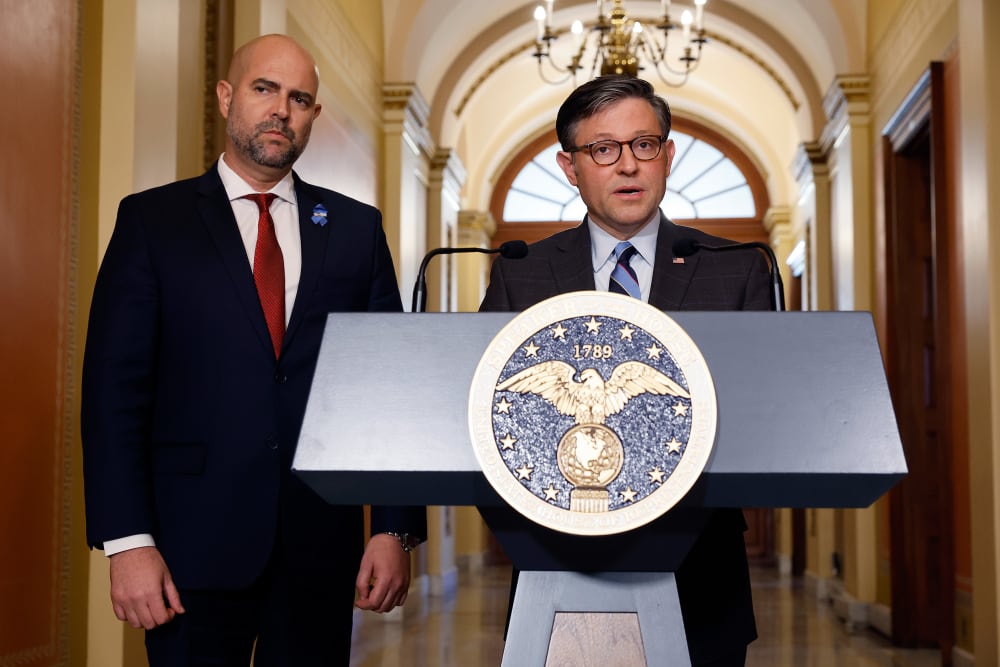 Israeli Speaker of the Knesset Amir Ohana and Speaker of the House Mike Johnson at the Capitol on Feb. 6, 2024.
