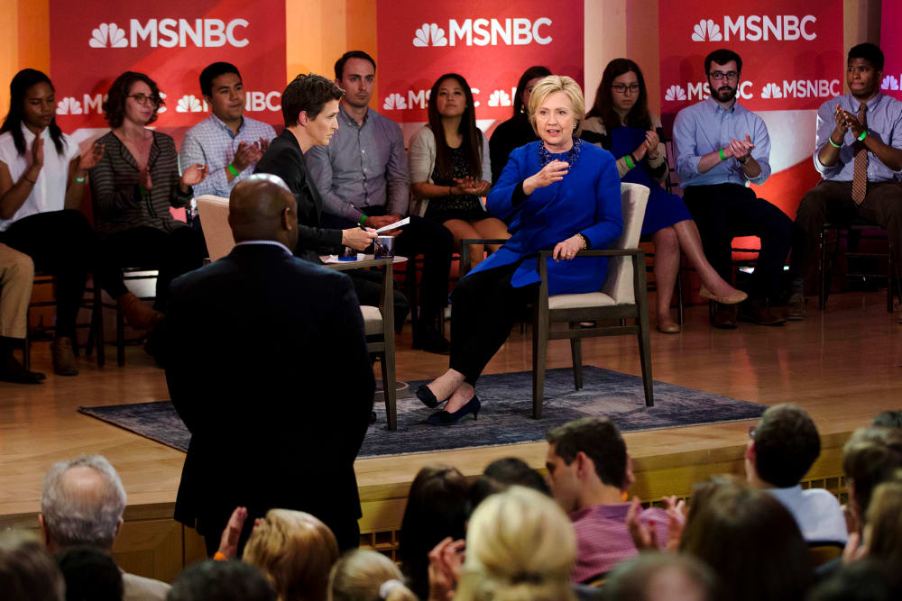 Democratic presidential candidate Hillary Clinton speak during a town hall with MSNBC's Rachel Maddow, April 25, 2016, at the National Constitution Center in Philadelphia. (Photo by Matt Rourke/AP)