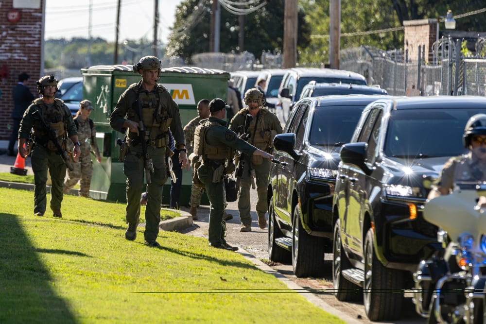 Officers with the Shelby County Sheriff's Office assist the motorcade of US Attorney General Pam Bondi, Secretary of War Pete Hegseth and White House Deputy Chief of Staff Stephen Miller in Memphis, T.N.