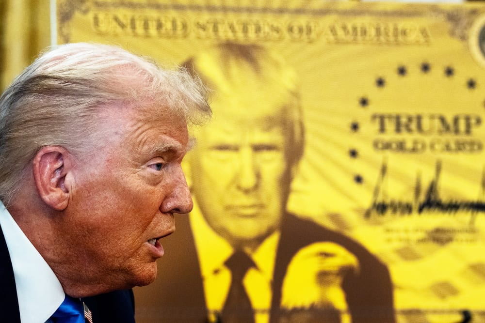 A profiled view of President Donald Trump in front of a poster of the "Trump Gold Card."