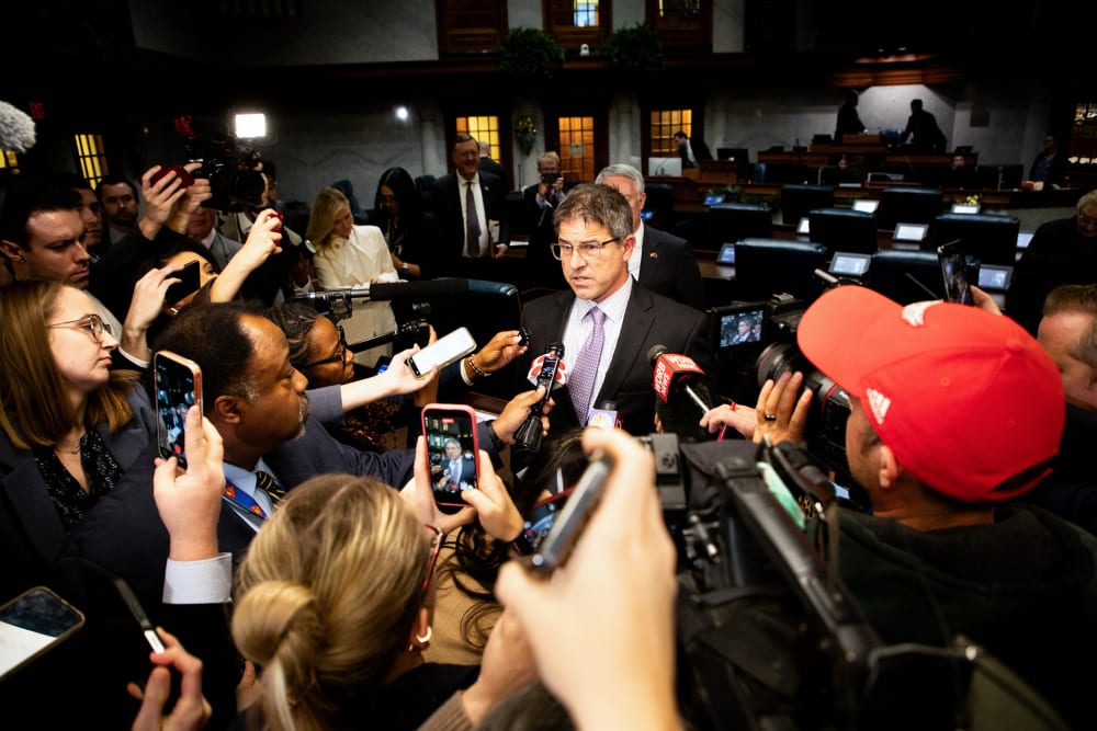 State Senator Rodric Bray speaks to members of the media at the Indiana Statehouse in Indianapolis, Ind.