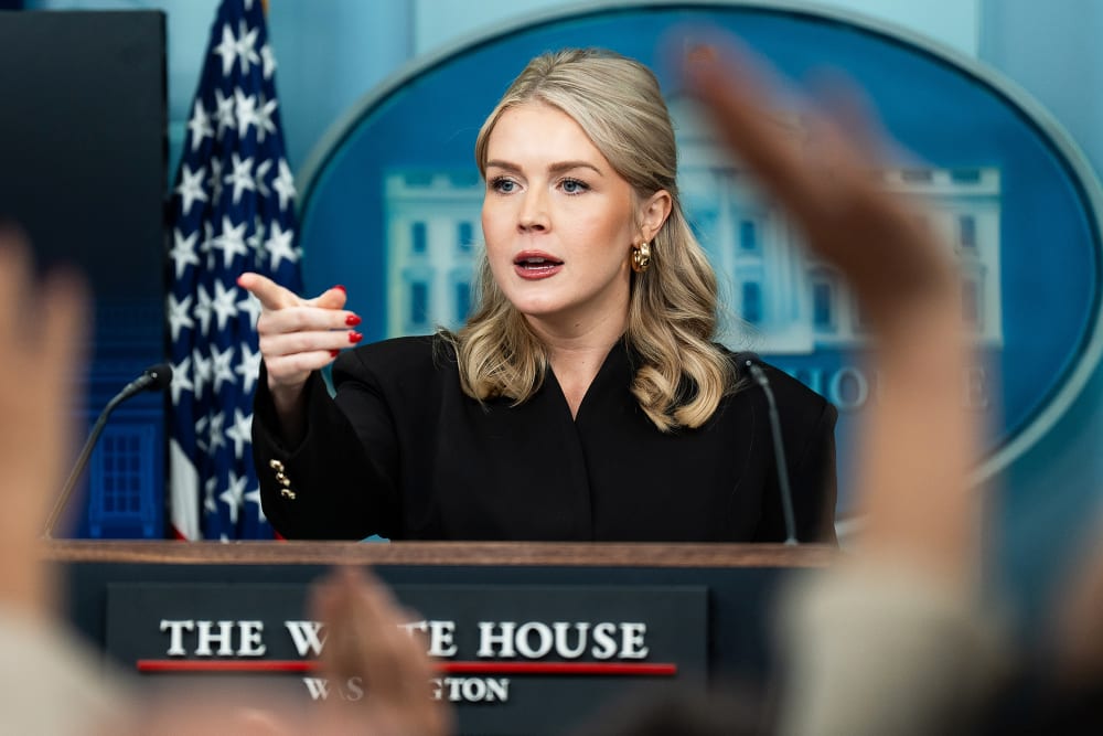 White House Press Secretary Karoline Leavitt during a press briefing in the Brady Briefing Room of the White House.