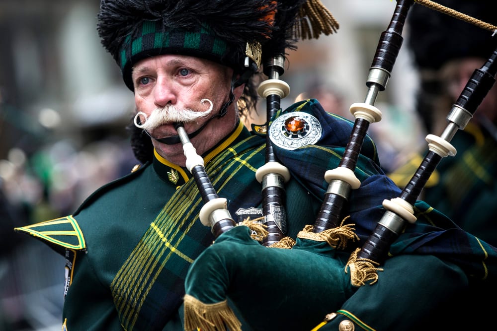 A bagpiper marches in the annual St. Patrick's Day Parade along Fifth Ave in Manhattan on March 17, 2014 in New York, NY.