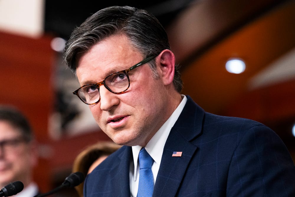 Speaker of the House Mike Johnson speaks during a press conference on Capitol Hill.