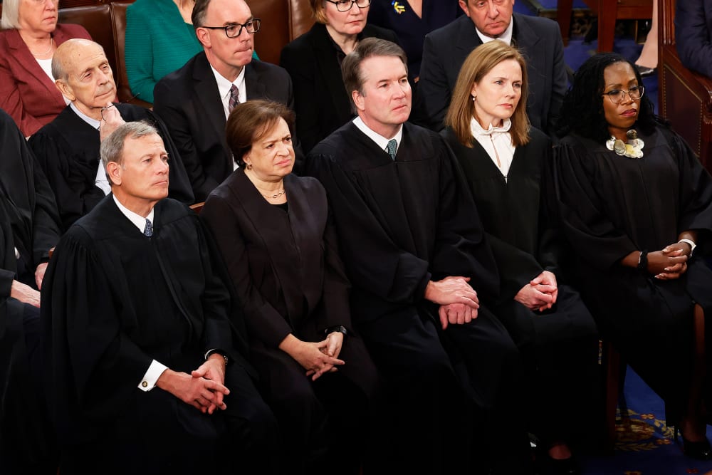 Chief Justice John Roberts and current associate justices Elena Kagan, Brett Kavanaugh, Amy Coney Barrett and Ketanji Brown Jackson.