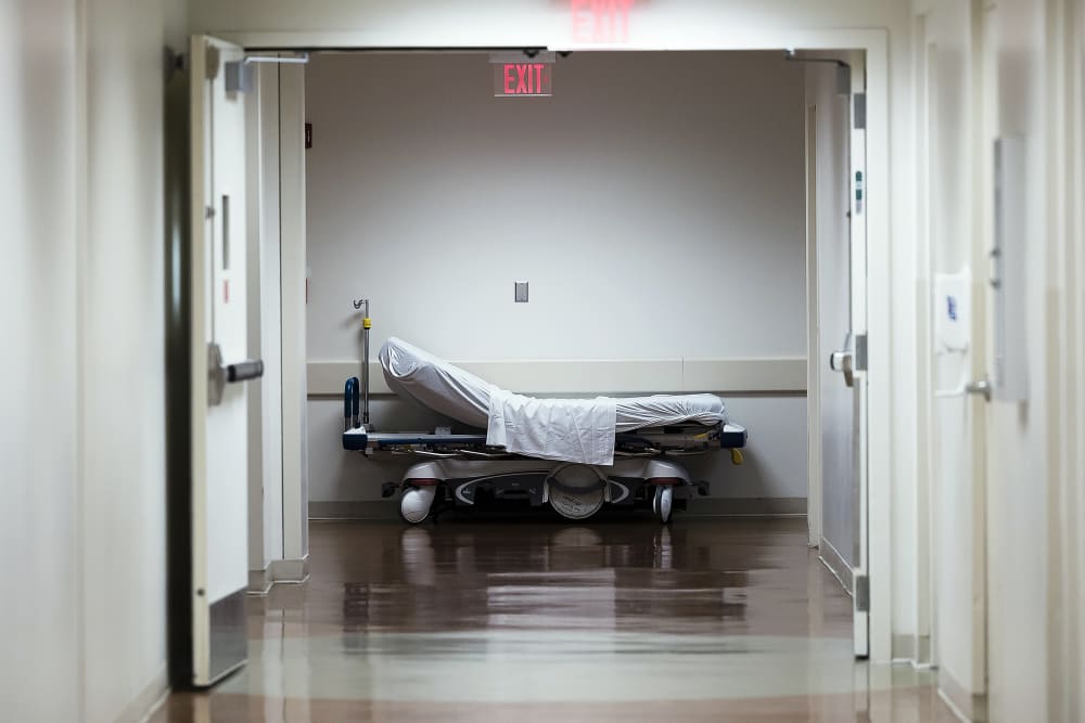 A hospital gurney in a hallway of a hospital in Joplin, MO.