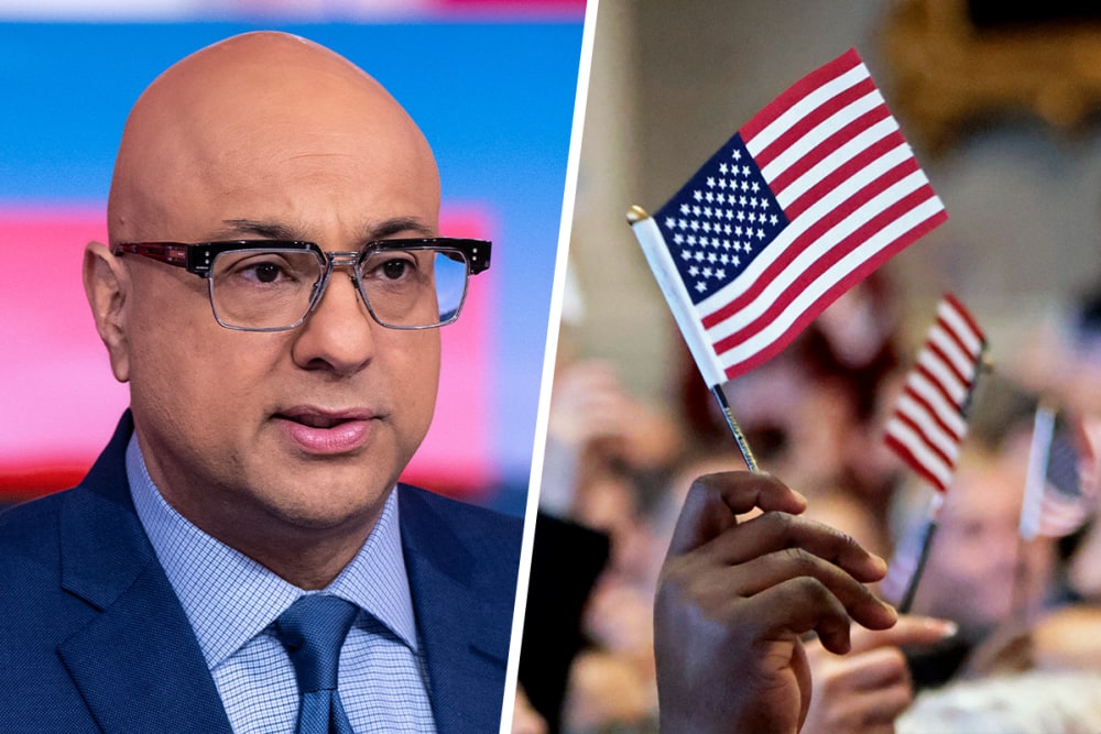 Ali Velshi; Naturalized citizens participate in the Oath Ceremony, waving American flags.