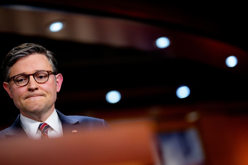 Speaker of the House Mike Johnson at a news conference at the Capitol.