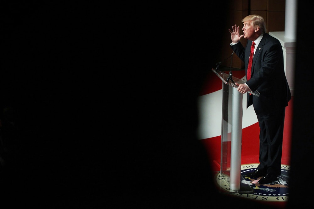 Republican presidential candidate Donald Trump addresses the Republican Jewish Coalition at Ronald Reagan Building and International Trade Center Dec. 3, 2015 in Washington, DC. (Photo by Alex Wong/Getty)