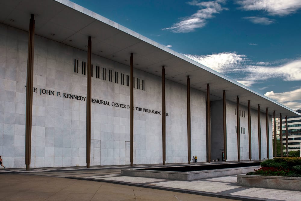 A view of the front of the Kennedy Center in Washington.