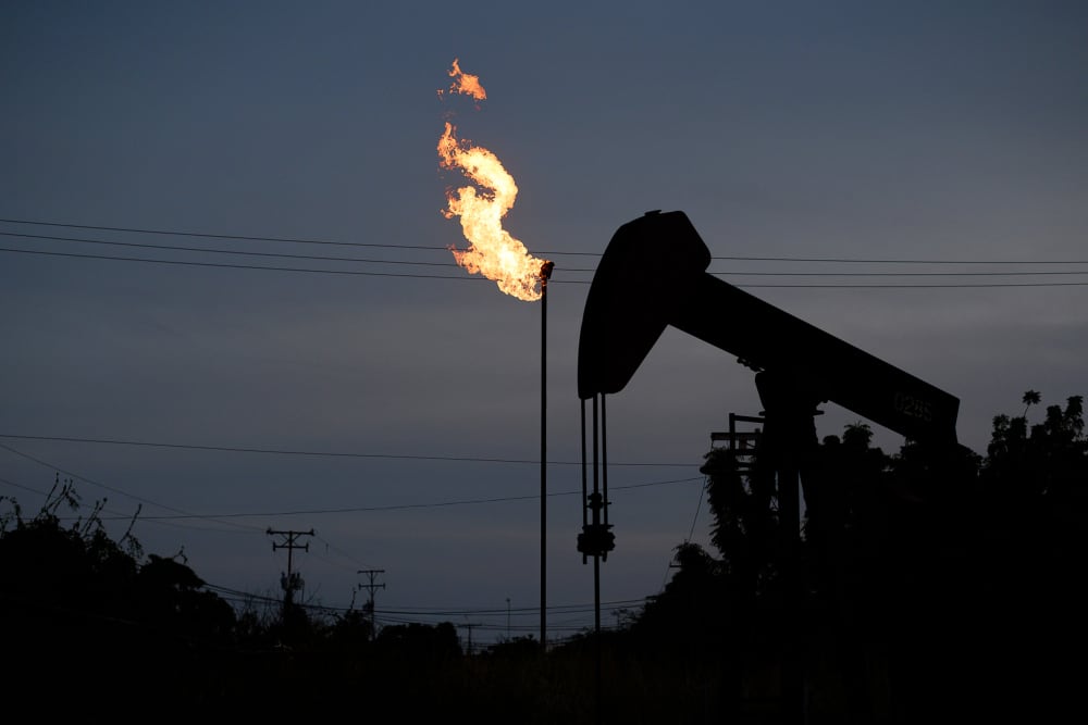 An oil pumpjack on Lake Maracaibo in Cabimas, Zulia state, Venezuela.