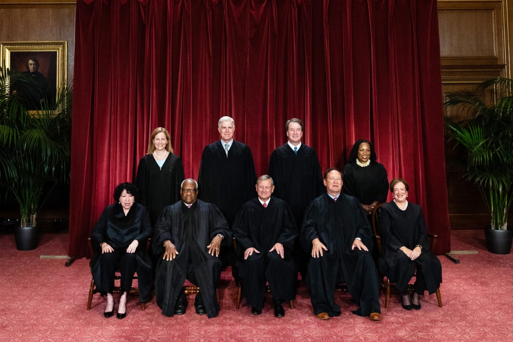 Justices of the US Supreme Court during a formal group photograph on Oct. 7, 2022 at the Supreme Court in Washington, D.C. Seated from left: Associate Justice Sonia Sotomayor, Associate Justice Clarence Thomas, Chief Justice John Roberts, Associate Justice Samuel Alito Jr. and Associate Justice Elena Kagan. Standing from left: Associate Justice Amy Coney Barrett, Associate Justice Neil Gorsuch, Associate Justice Brett Kavanaugh and Associate Justice Ketanji Brown Jackson.
