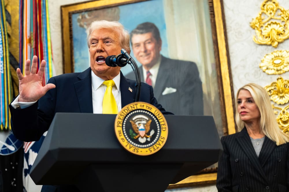 President Donald Trump and United States Attorney General Pam Bondi during a news conference in the Oval Office on Oct. 15, 2025.