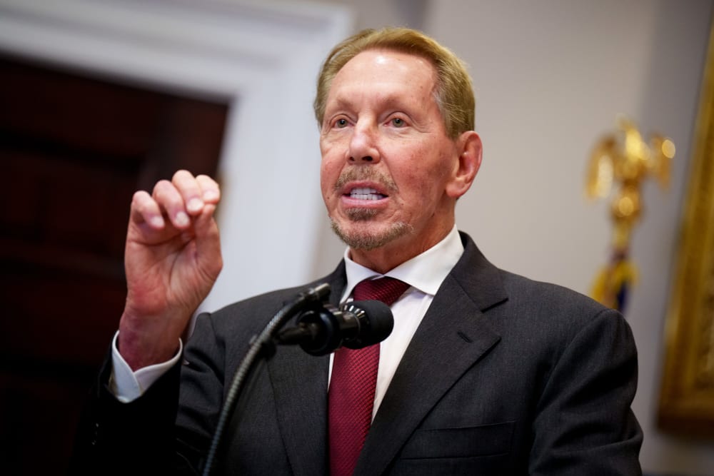 Oracle co-founder Larry Ellison speaks during a news conference in the White House on Jan. 21, 2025.