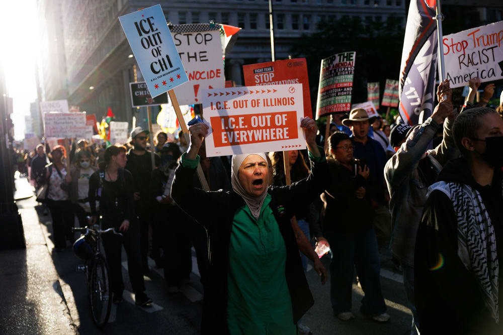 People march in Chicago on Sept. 6, 2025, to protest President Donald Trump's intent to increase immigration enforcement actions in the city and deploy the National Guard.