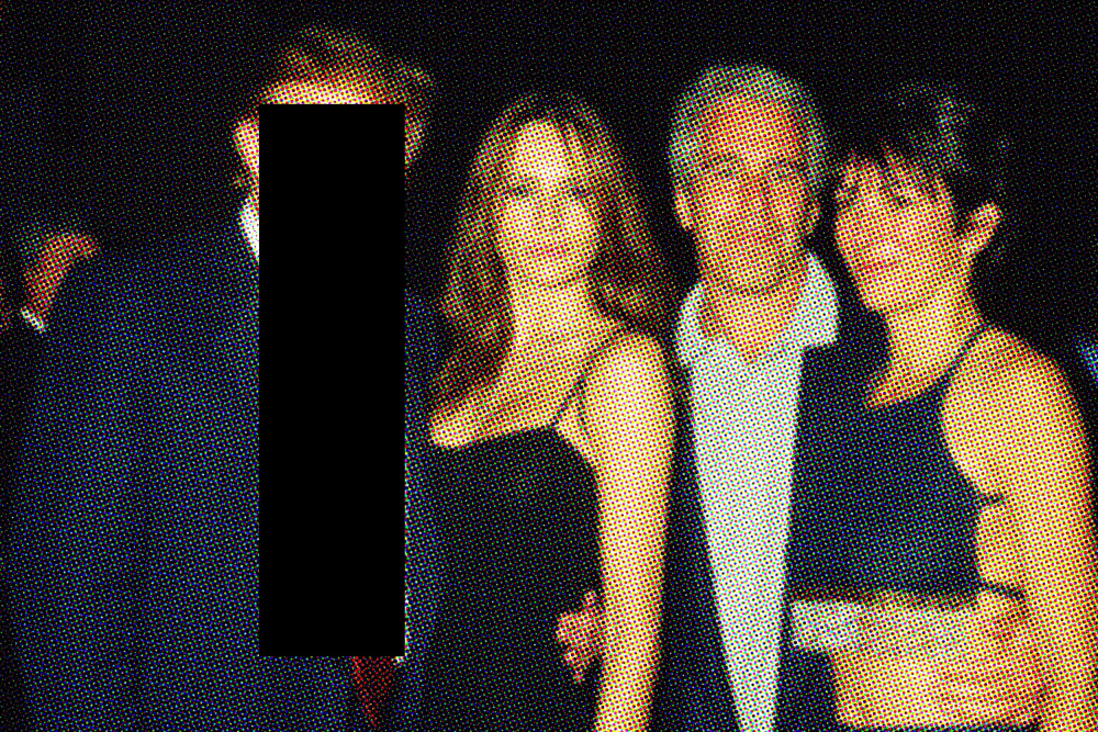 A photo illustration featuring Donald Trump (covered with a black redacted box), Melania Knauss, Jeffrey Epstein and Ghislaine Maxwell together at the Mar-a-Lago club, Palm Beach, F.L., on Feb. 12, 2000.