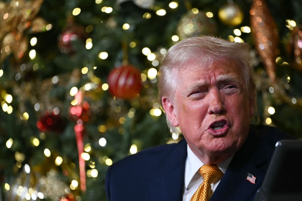 Donald Trump in front of a Christmas tree.