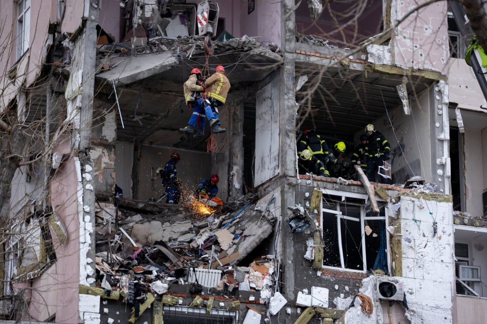 Residential building in Kyiv, Ukraine, hit by a Russian drone strike.