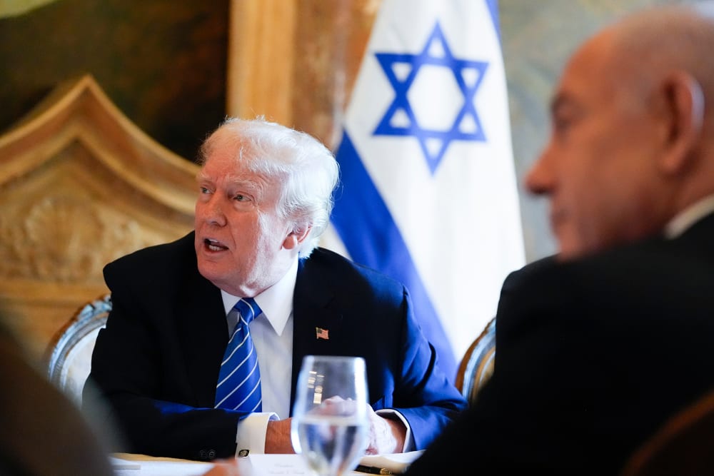 Then Republican presidential candidate former President Donald Trump meets with Israeli Prime Minister Benjamin Netanyahu at his Mar-a-Lago estate.