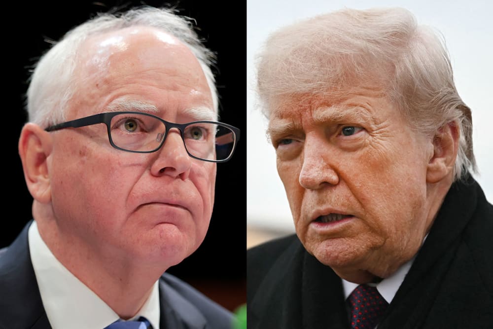 This is a split image of Tim Waltz at left and Donald Trump at right.